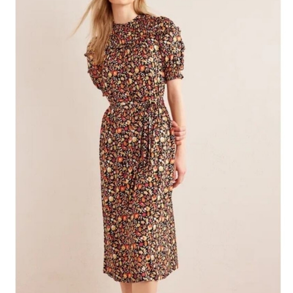 Boden Floral Midi Dress in Black with Red and Yellow Accents with tag